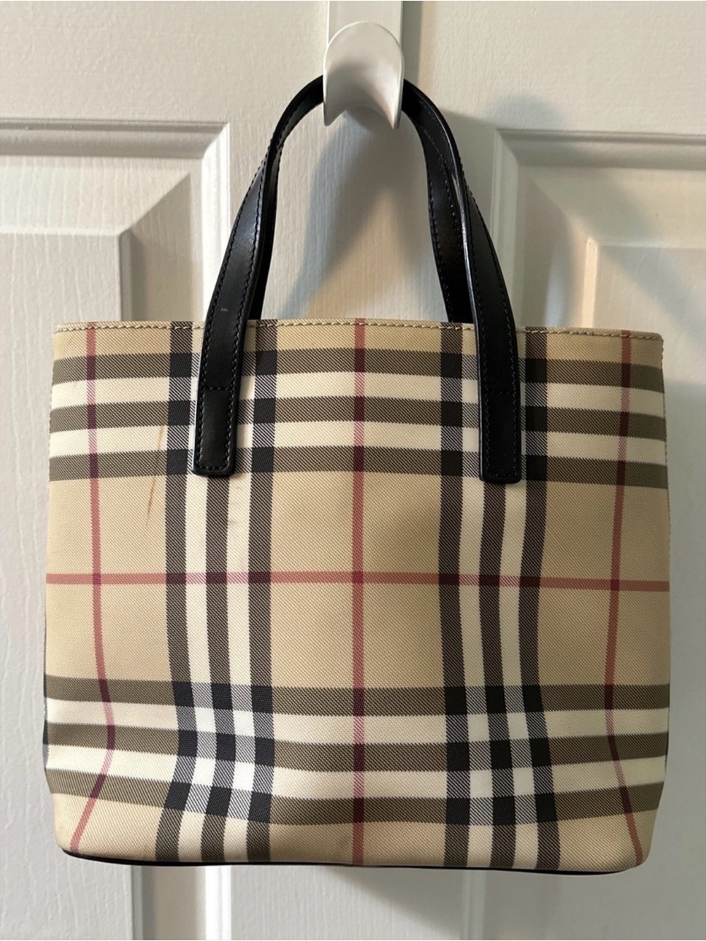 Vintage Burberry Beige Plaid Tote with Black Leather Handles Mini